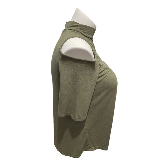 LINDA MATTHEWS COLD SHOULDER SHORT SLEEVE‎ TOP OLIVE GREEN M - Picture 3 of 5